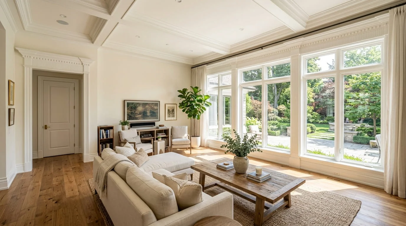 Bright living room with white colonial window casing, decorative header, stool and apron with natural light on hardwood floors