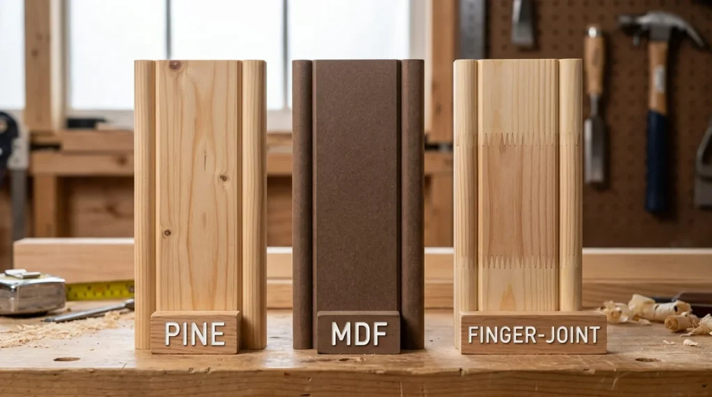 Three window trim styles side by side showing craftsman stepped casing, fluted casing with decorative header and modern casing on grey wall