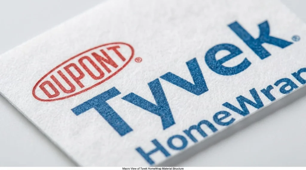 Close-up of DuPont Tyvek HomeWrap nonwoven HDPE fiber material texture