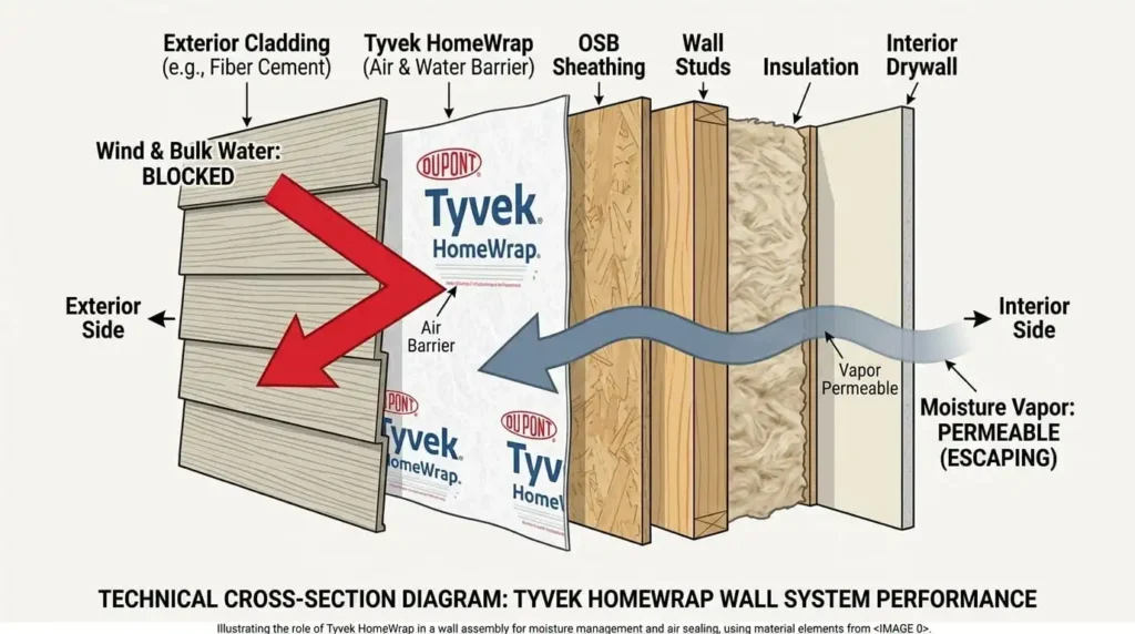 Wall system cross-section showing Tyvek HomeWrap air barrier and moisture vapor control layers