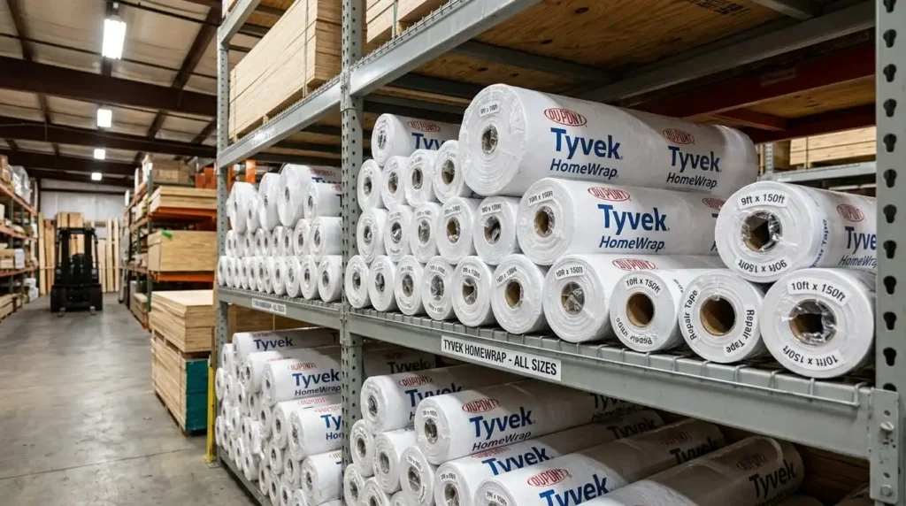 Multiple rolls of DuPont Tyvek HomeWrap in various sizes stacked at a building supply store