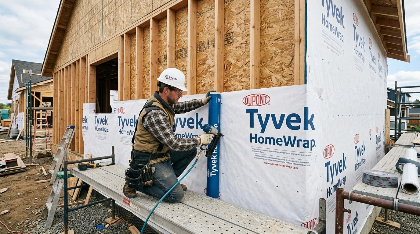 Contractor installing DuPont Tyvek Home Wrap on exterior wall of house under construction