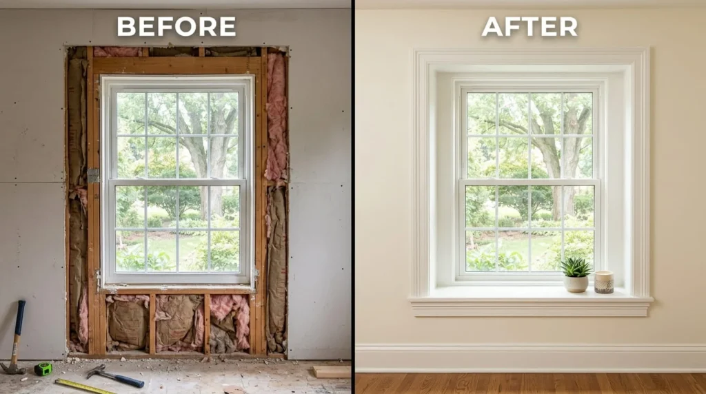 Before and after split image of window transformation from rough opening with exposed framing to finished colonial casing with stool and apron