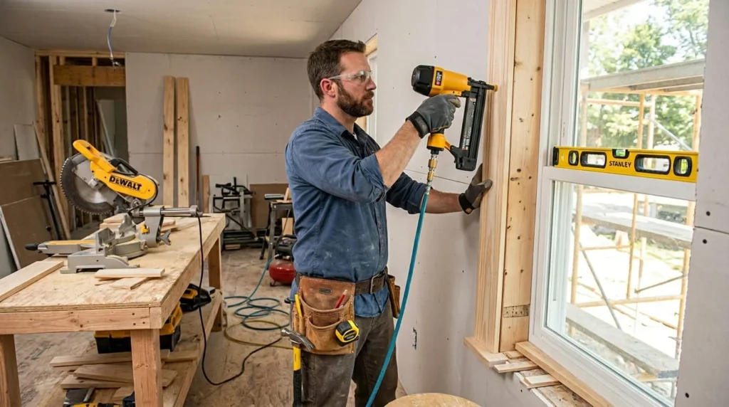 Carpenter using Porter Cable nail gun to install colonial window casing with bubble level and shims during renovation
