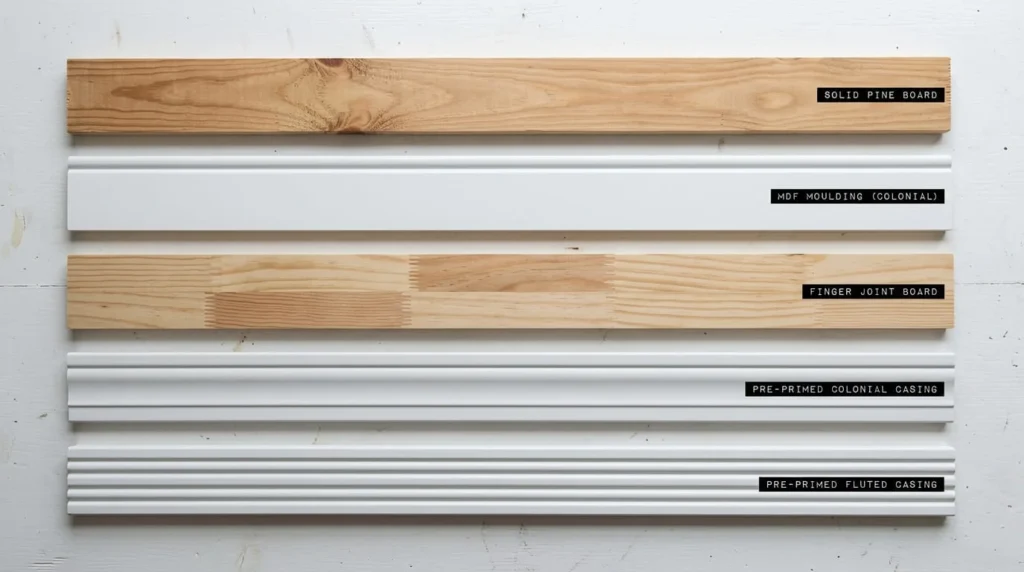 Flat lay of window casing material options including pine, MDF mouldings, finger joint boards and colonial casing profiles