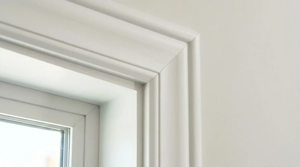 Close-up of white window casing corner with perfect miter cut, quarter inch reveal and smooth painted finish against drywall