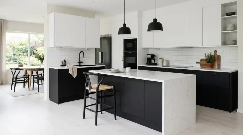 Black and white two tone kitchen cabinets with matte black hardware
