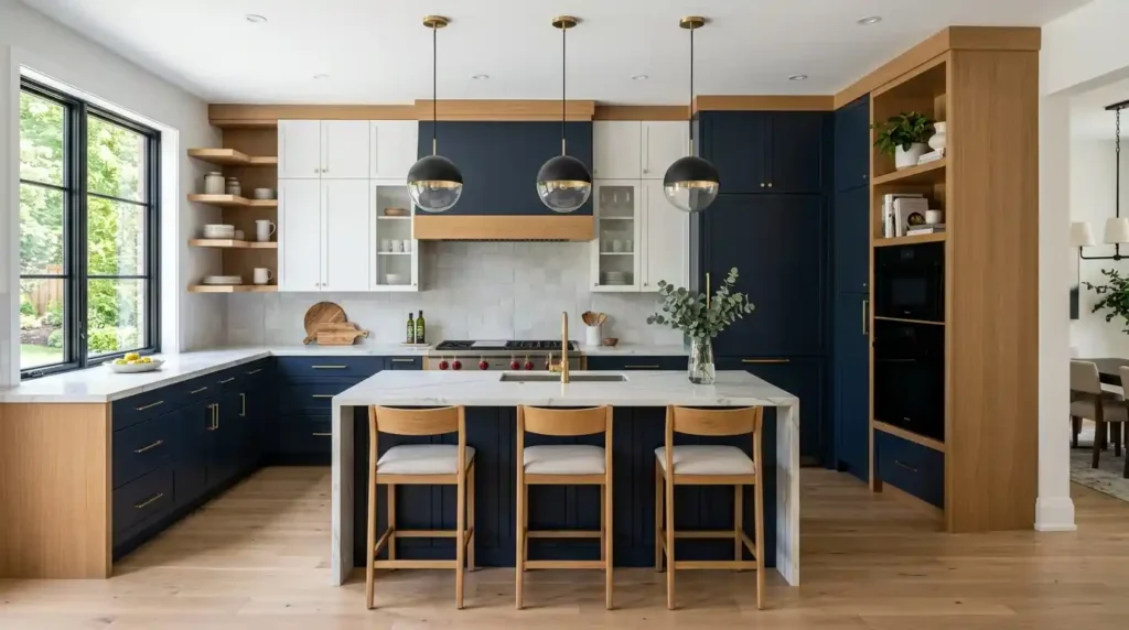 Contemporary two tone kitchen cabinets with navy blue and wood accents