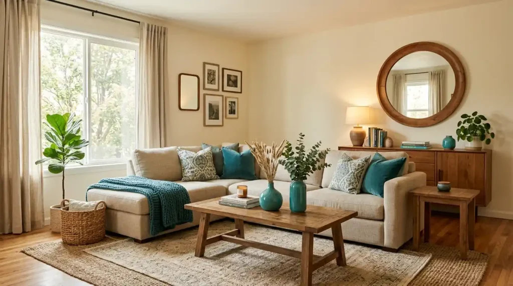  Living room interior designed using DrHomey handy tips 60-30-10 color rule with cream walls and teal accents