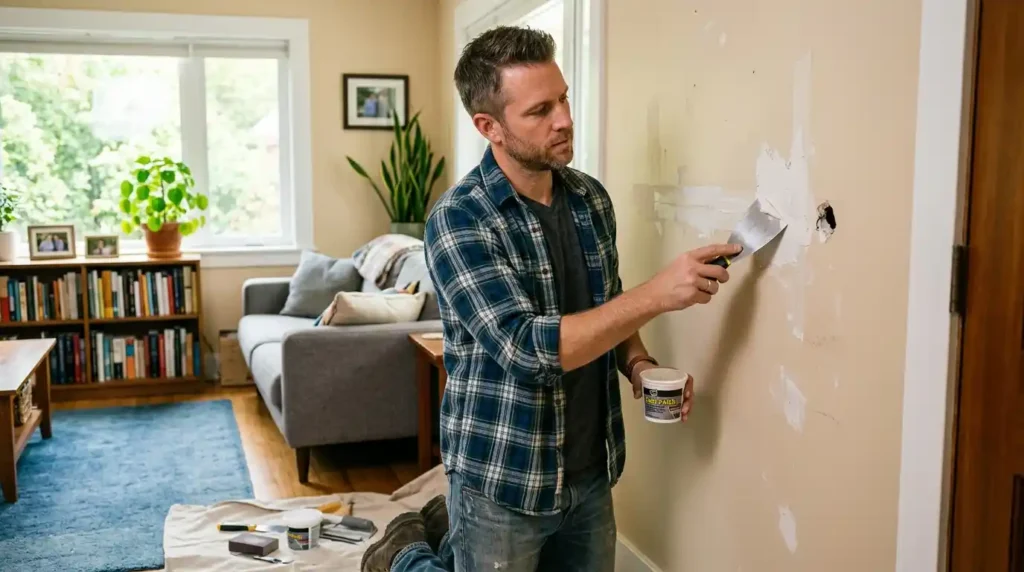 Homeowner applying DrHomey handy tips for DIY drywall patching with putty knife