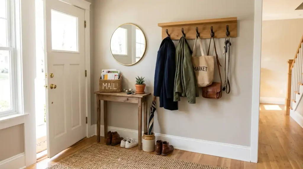 Organized entryway drop zone with hooks and mail basket using DrHomey handy tips for home organization