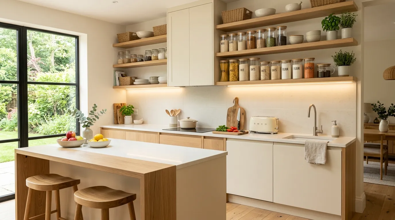 DrHomey handy tips for kitchen organization with floating shelves and LED lighting