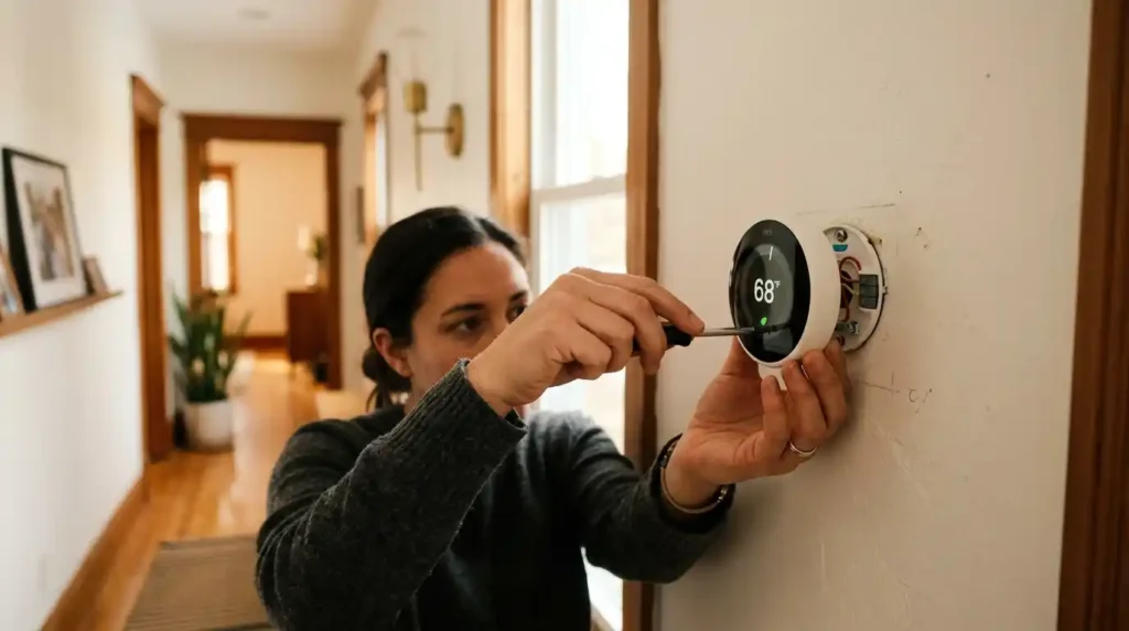 Homeowner installing smart thermostat following DrHomey handy tips for energy savings