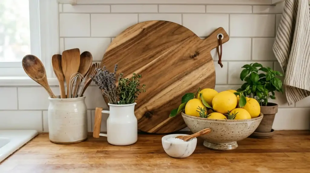 Kitchen countertop vignette with round wood charcuterie board marble pinch pot ceramic bowl lemons and stoneware utensil holder