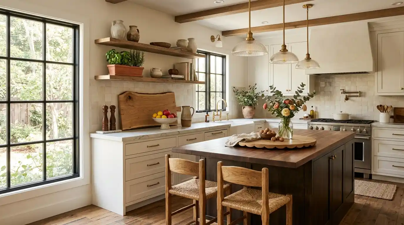 Modern farmhouse kitchen with marble countertop wood serving board stoneware pitcher salt mills island lazy susan and open shelving