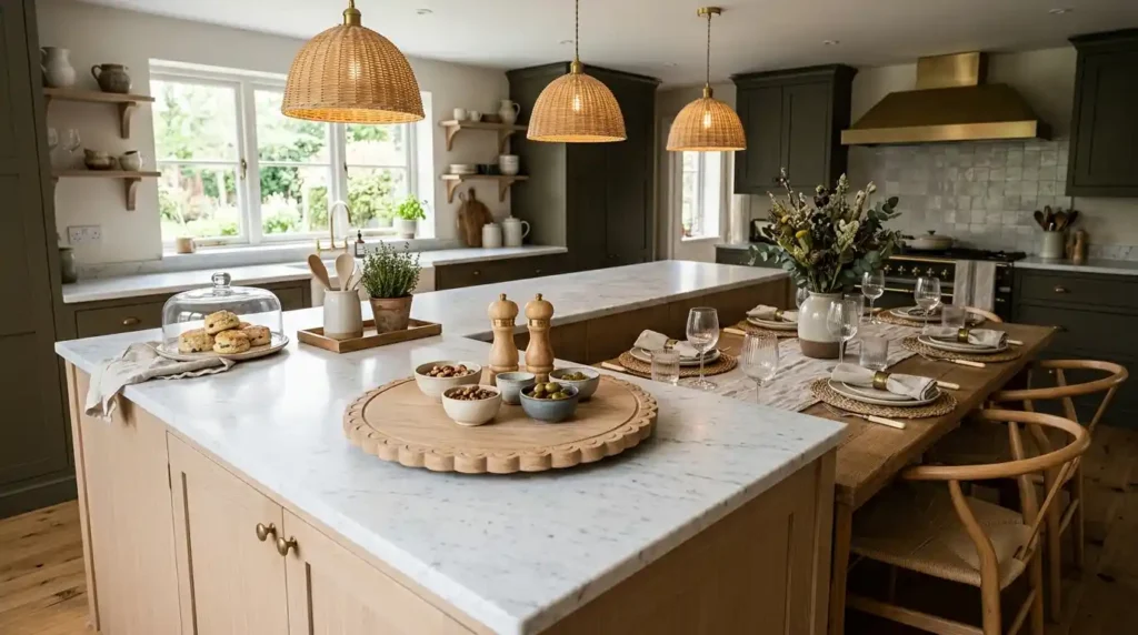 Kitchen island with scalloped wood lazy susan ceramic bowls salt mills and dining table with hand woven placemats linen napkins cake dome