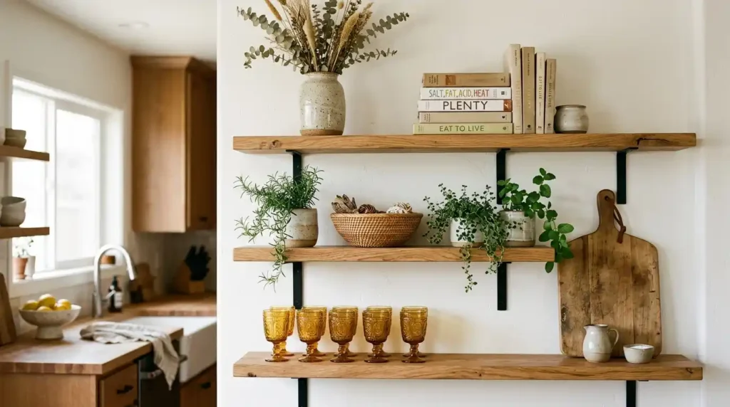 Kitchen open shelving with stoneware vase cookbooks rattan bowl herb planters amber glasses and wood board on three wooden shelves