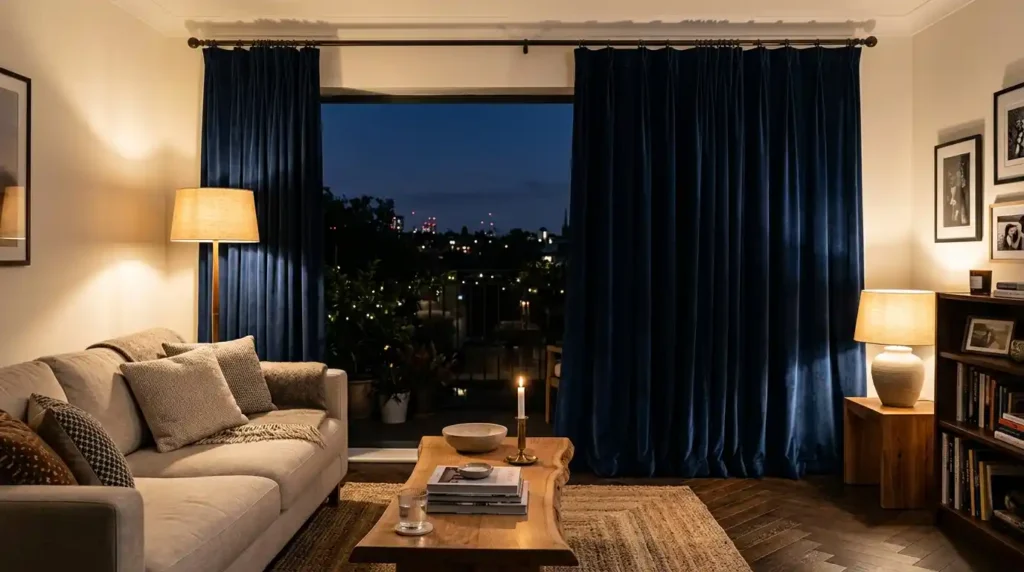 Sophisticated lounge room with deep navy blue velvet floor length curtains ceiling height rods off white walls warm ambient evening lighting