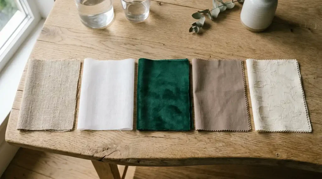 Five curtain fabric swatches showing natural linen beige sheer voile white velvet emerald cotton taupe and jacquard cream on wooden surface