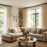 Modern living room with floor to ceiling cream linen curtains ceiling height rods sheer inner panels natural light and neutral sofa