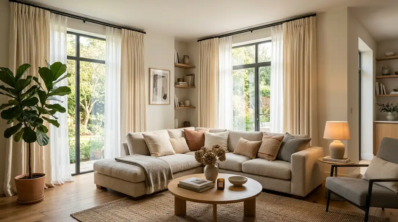 Modern living room with floor to ceiling cream linen curtains ceiling height rods sheer inner panels natural light and neutral sofa