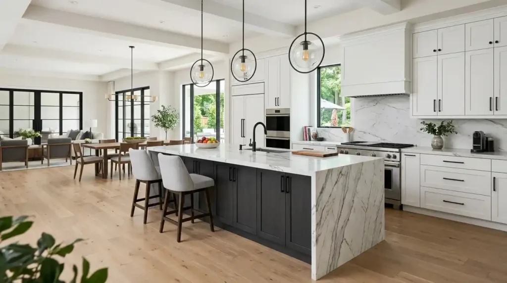 Luxury kitchen with charcoal island cabinets and white shaker cabinets