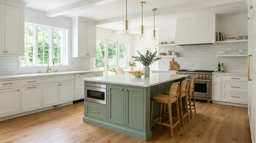 Sage green kitchen island with white kitchen cabinets and gold hardware