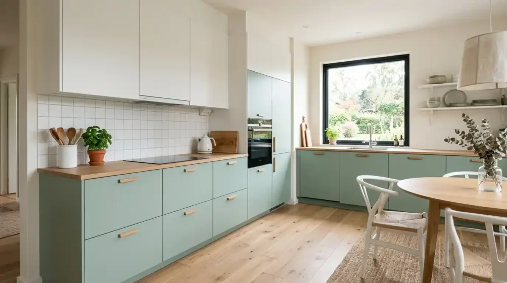 Scandinavian style two tone kitchen with mint green lower cabinets