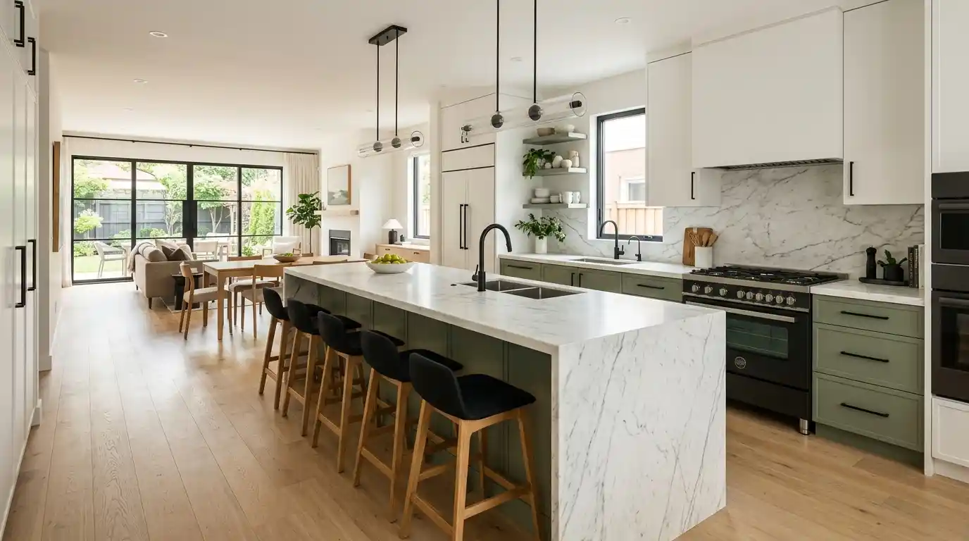 Modern two tone kitchen cabinets with sage green island and white upper cabinets