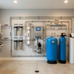 Whole house reverse osmosis system installed in a modern home utility room