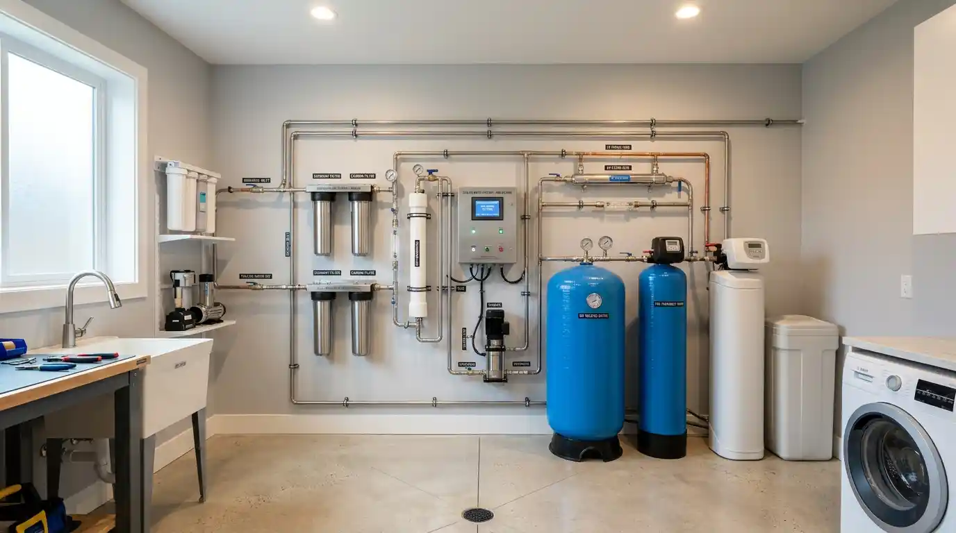 Whole house reverse osmosis system installed in a modern home utility room