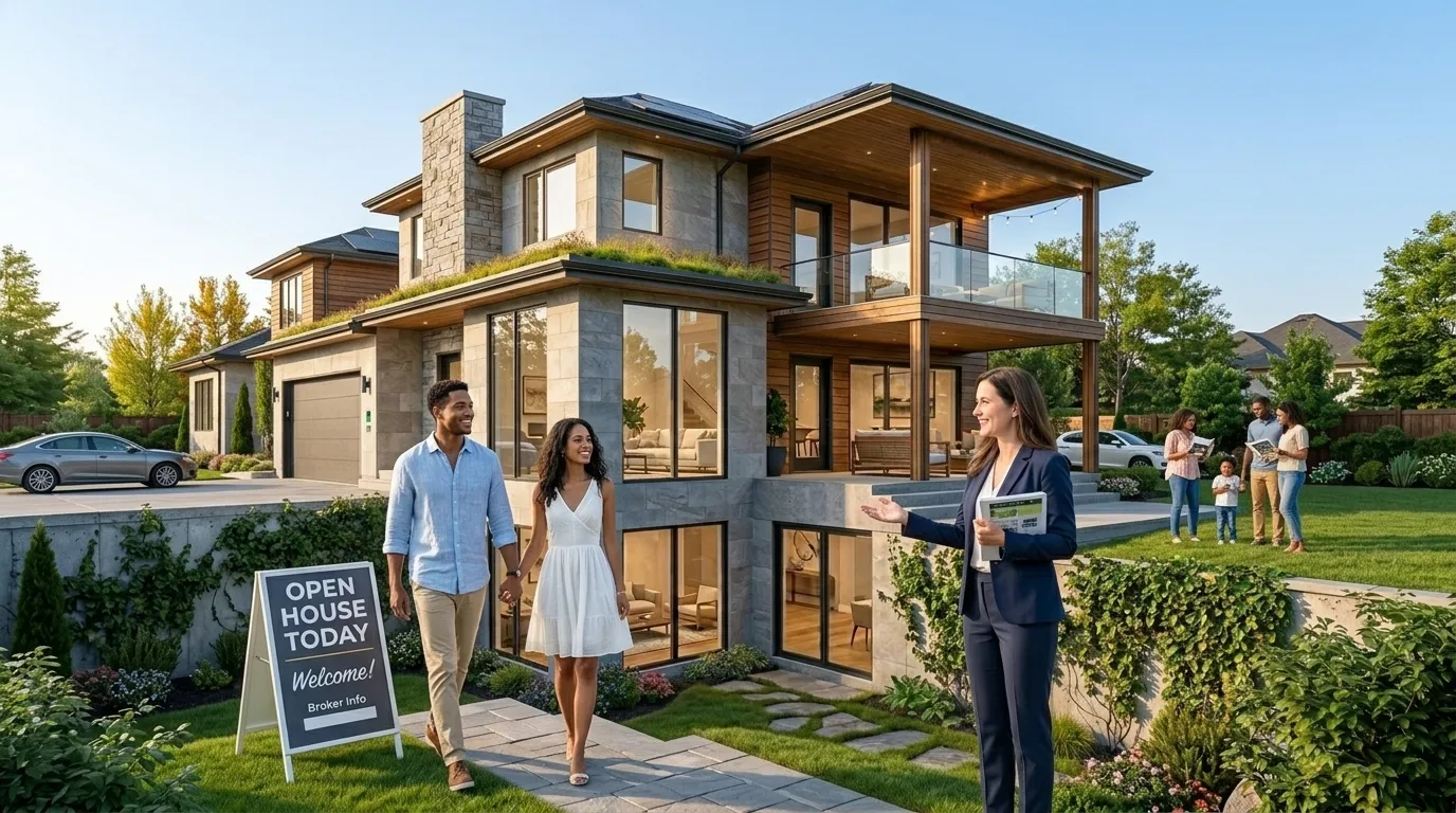 Open house near me featuring homebuyers touring a modern property with a real estate agent.