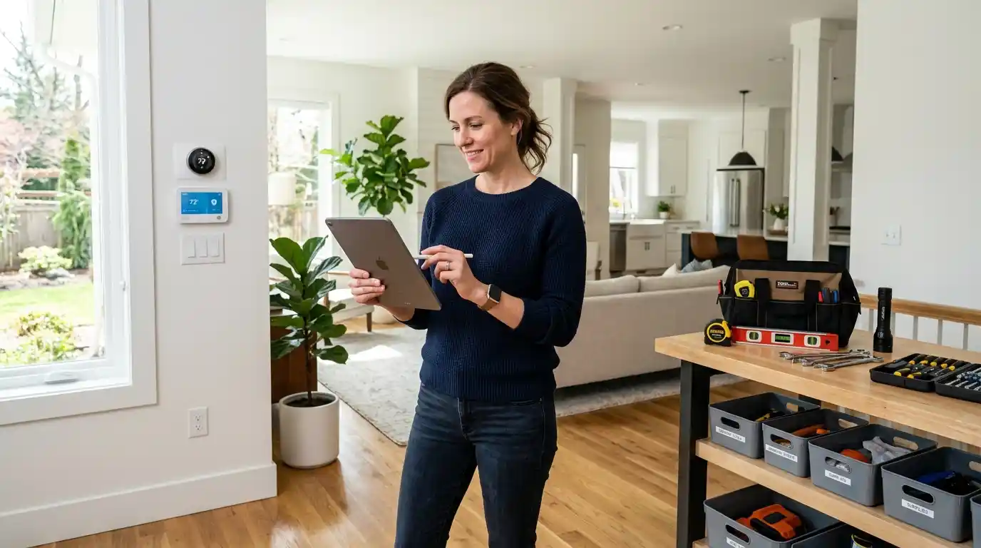 Homeowner using a comprehensive home maintenance guide to manage property upkeep