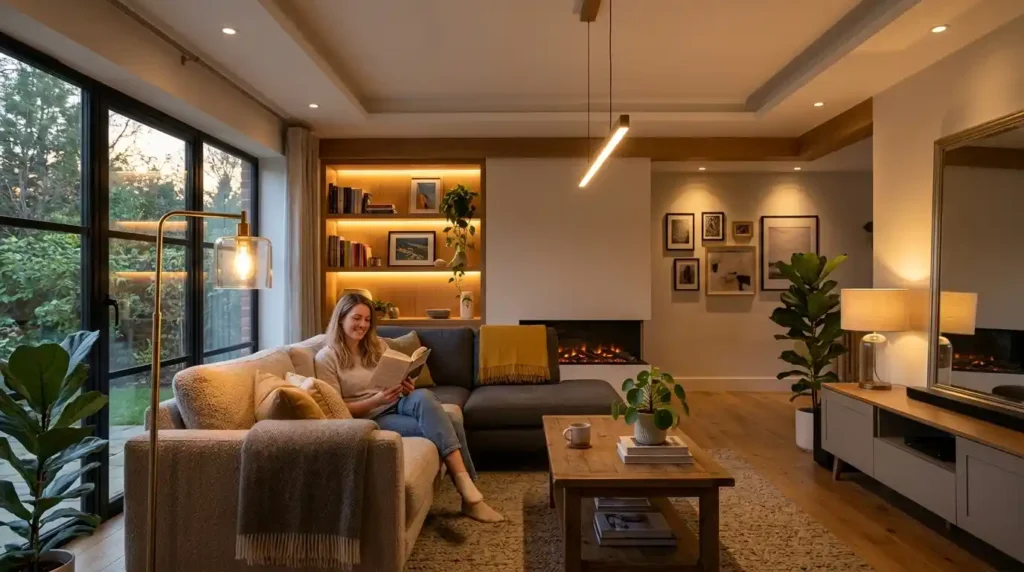 Modern living room with layered lighting and energy-efficient LED fixtures