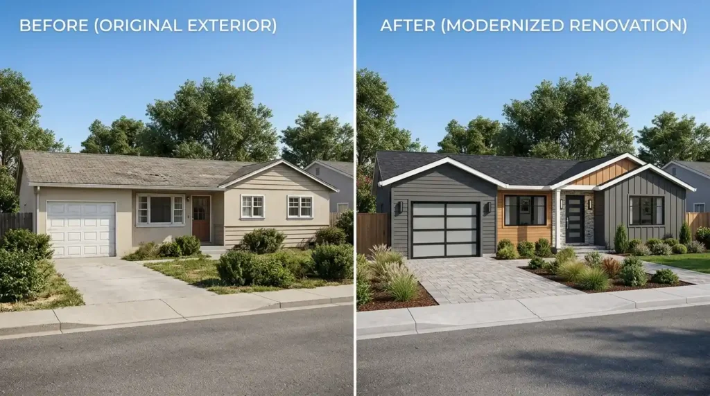 Before and after home exterior renovation showing garage door, siding, and entry door upgrades increasing curb appeal