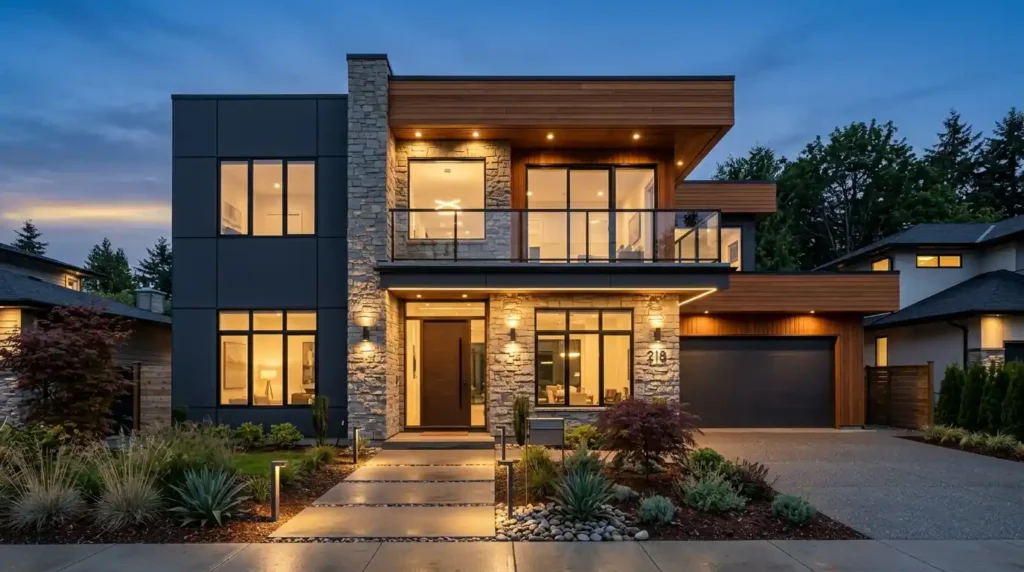 Modern house facade combining stone veneer, wood accents, and fiber cement siding with stylish exterior lighting