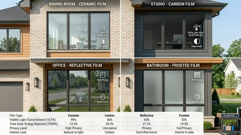 Comparison of ceramic, carbon, reflective, and frosted window films for residential homes
